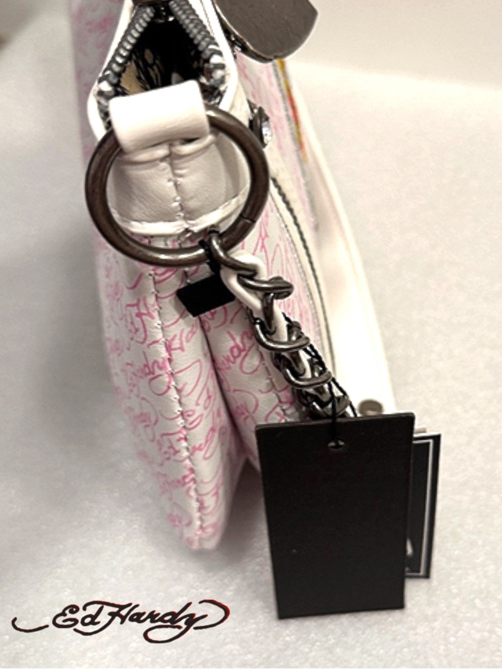 Ed Hardy White and Pink Flame Skull Shoulder Bag - Picture 4 of 7